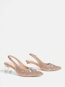 CUCCOO TILAWA Women's Crystal Heel Glass Rhinestone Pointed Toe Pink High Heel Pumps, Suitable For Outings, Banquets, Parties And Other Events - Champagne gold - View 3