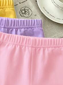 (Random 5 Pieces, Send 3 Pieces) Baby Girl Simple Pink Ribbon Bow Print Basic Colored Leggings, Spring Summer Autumn Winter All Season Daily Wear Pants - Multicolor - View 4