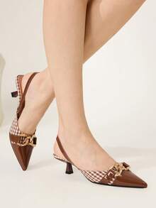 CUCCOO CHICEST Ladies Metal Chain Pointed Kitten Heels Brown Splicing Checkered High Heels Shoes Elegant Commuting Shopping Dating Afternoon Tea Comfortable - Brown - View 5
