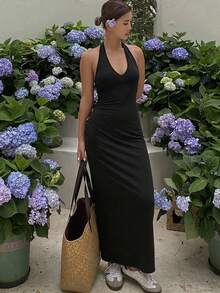 DAZY Women V-Neck Form-Fitting Long Maxi Wrap Dress - Black - View 7