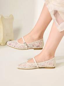 CUCCOO CHICEST 女士春夏蕾丝提花金属扣方头平底鞋，1厘米复古蕾丝面料，家居通勤购物约会旅行节日礼物 - 米色7 - 查看 11
