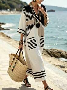 Ceyna Plus Size Women's Spring/Summer Fashion Minimalist Elegant V-Neck 3/4 Sleeve Loose H-Line Striped Dress - Multicolor - View 1