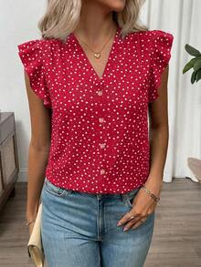 SHEIN Clasi Women's Summer Floral V-Neck Cap Sleeve Blouse,Summer Top - Red - View 6
