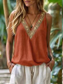 EMERY ROSE V-Neck Relaxed Vacation Style Lace Trim Women's Tank Top - Orange - View 4
