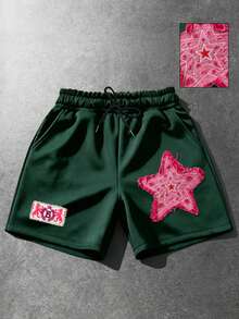 ROMWE MEN Street Life Men's Star Print Shorts, Suitable For Daily Wear In Spring And Summer - Green - View 4