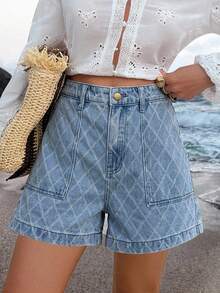 Livesso High Waist Light Blue Diamond Quilted Cotton Casual 70s 80s Loose Fit Women's Denim Shorts Vacation Summer - Blue - View 4