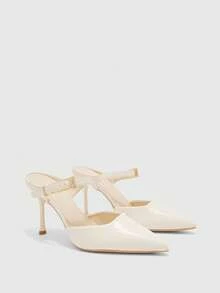 CUCCOO BIZCHIC Women's Spring And Summer New Simple Metal Buckle Pointed High Heels White Back Thin Heel Sandals Commuter Versatile Model - White - View 4