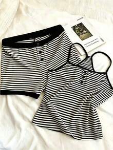 Resyla Women's Casual Striped Heart Embroidery Contrast Color Camisole Top And Shorts 2-Piece Set - Black and White - View 6