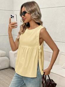 Easowa Women's Solid Color Round Neck Side Tie Casual Boho Tank Top Vacation Pale Yellow Summer Vacation Vacation Vacation Vacation Brunch - Light Yellow - View 5
