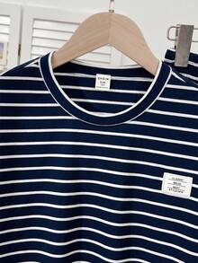 SHEIN 2件組青少年女孩時尚條紋套裝，短袖圓領寬鬆T恤搭配條紋針織寬腿長褲，適合派對、度假、校園、日常休閒穿著，春/夏/秋季 - 藏蓝色 - 查看 5