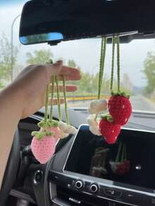 2Pcs Woven Strawberry Car Hanging Pendants, Cute Handmade Ornaments For Auto Interior Decoration - one size fits all - View 5