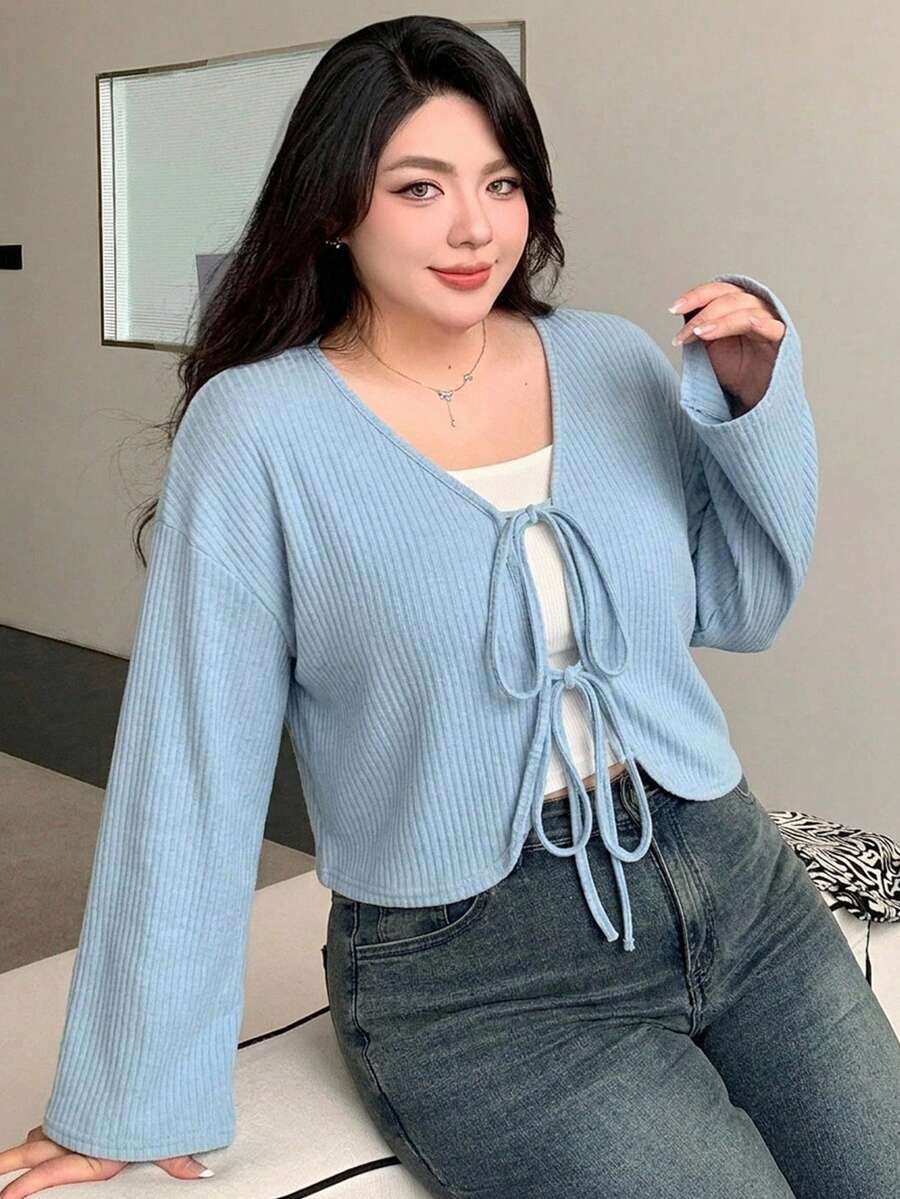 Dazy Plus V領素色短版綁帶長袖T恤 春夏款 - 淺藍色 - 查看 1