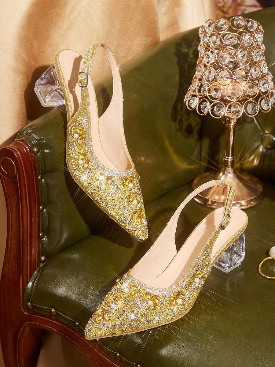 CUCCOO TILAWA Women's Crystal And Glass Rhinestone Pointed Rose Gold High-Heeled Shoes, Suitable For Going Out, Banquets, Parties And Other Activities - Rose Gold - View 1