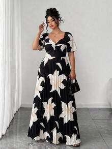 SHEIN Clasi Women's PlusSizeBlack Apricot Lily Pleated ReversibleOff‑ShoulderMaxi Dress. Floralgown For Weddings, Dates, Proms, Parties Ideal For Various Holidays - Black - View 3