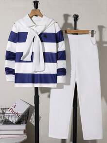 Boys Navy Striped Polo & White Straight Pants With Knit Shawl For Commute, Trips, Gathering, Dining & Back To School - Navy Blue - View 4