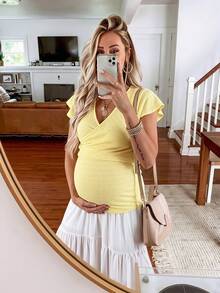 SHEIN 孕婦純色V領荷葉袖休閒哺乳上衣 - 黃色 - 查看 1
