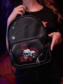 ROMWE Goth School Season Retro Punk Print Large-Capacity Backpack, Suitable For Commuting Versatile, Student Dress Book For School, Cool Road, Roses, Decorative - Black pin - View 3