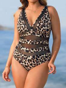 Swim Lushoire Conjunto de Praia de Uma Peça com Estampado de Leopardo para Mulher Plus Size - Multicolorido - Ver 5
