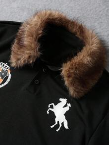PAVTROS 男士休閒街頭寬鬆時尚短袖毛領印花 Polo 衫，外出休閒必備，送給家人與男友的完美禮物 - 黑色 - 查看 4