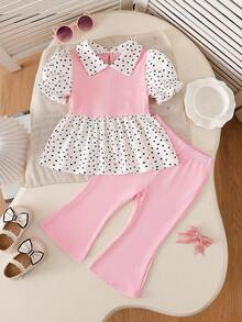 SHEIN Playful Pals Baby Girls' Spring/Summer Holiday 2-Piece Set, Polka Dot Pattern, Cute Style. Collared Puff Short Sleeve Ruffle Hem Top, Flared Long Pants, Pink - Baby Pink - View 1
