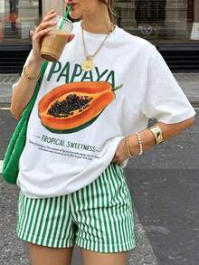 Sundraya Summer Women's Papaya Slogan Print T-Shirt And Striped Shorts Two Pieces Set - Green - View 3