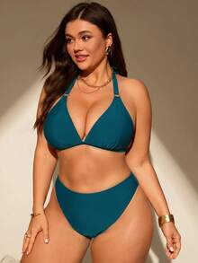 SHEIN Swim Curve 休閒度假女款大尺碼泳裝套裝 - 水鴨藍 - 查看 3