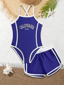 SHEIN Girls Pink Sweet Cute One-Piece Swimsuit - Navy Blue - View 1