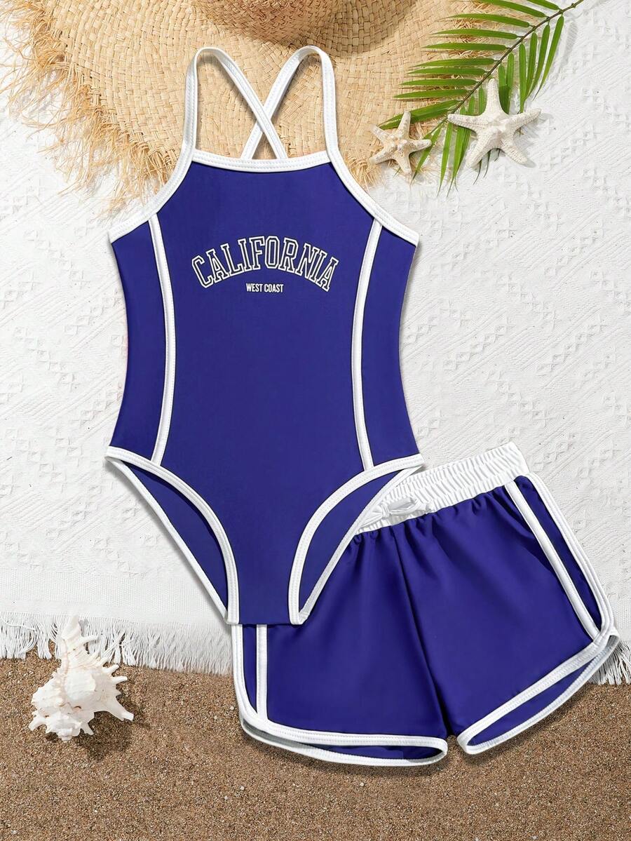 SHEIN Girls Pink Sweet Cute One-Piece Swimsuit - Navy Blue - View 1