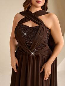 Coutiva Elegant Sequin Glitter Fitted Long Evening Dinner Gown For Banquet, High-End Socialite Style Wedding Brown Autumn - Coffee Brown - View 7