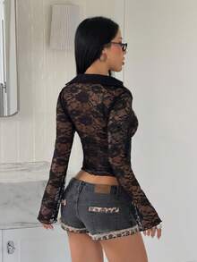 StreetHx Y2K Dark Style Lace Sheer Lace-Up Shirt, Sexy Slim Fit Waist-Cinching Flare Sleeve Top - Black - View 2