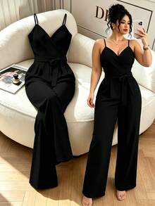 GlowEve CURVE Mono de tirantes finos para mujer talla grande, color liso, casual elegante, para uso diario, fiesta y cita nocturna, negro, verano - Negro - Ver 1