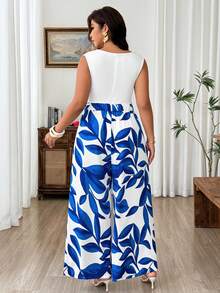 Weeklong Plus Size Summer White Sleeveless T-Shirt Patchwork Tropical Print Vacation Date Casual Elegant Jumpsuit - Blue and White - View 2