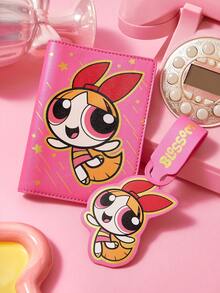 THE POWERPUFF GIRLS X SHEIN 卡通女孩主題金箔PU皮革護照夾與行李吊牌組，可愛旅行文件收納夾附名片夾，卡通迷專用旅行行李箱識別標誌 - 彩色 - 查看 1