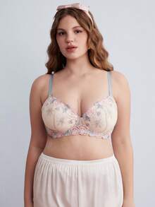 Elorette Bra Balconette Nyaman Motif Bunga Biru Muda, Dukungan & Cakupan Tinggi, Mengangkat & Memperindah, Ukuran Plus - Baby Blue - View 2