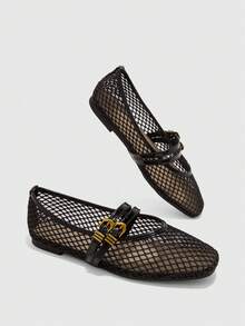 CUCCOO BIZCHIC Black Mesh Hollowed-Out Mary Jane Flats For Women, Double-Buckle Retro Square Toe Shoes - Black - View 4