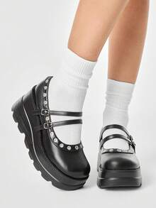 ROMWE Grunge Punk Ladies Black Punk Gothic Strap Mary Jane Shoes, College Loafers, Platform Muffins And Shoes - Black lace - View 1