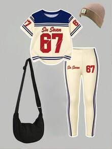 SHEIN 1套女童休閒舒適時尚運動風數字「67」字母「Six Seven」口號條紋短袖T恤與緊身褲套裝，適合外出、運動、校園穿著 - 彩色 - 查看 3