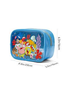 SpongeBob SquarePants | SHEIN 1個大容量卡通圖案印花透明視窗化妝包，適合存放化妝品、文具、日常用品、數位產品，完美適用於通勤、上學、旅行，適合男士、女士、學生，海底世界、蟹老闆、章魚哥 - 藍色 - 查看 6
