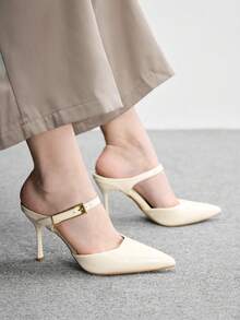 CUCCOO BIZCHIC Women's Spring And Summer New Simple Metal Buckle Pointed High Heels White Back Thin Heel Sandals Commuter Versatile Model - White - View 3