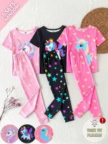 [Random 1 Set]Girls' Unicorn Glow-In-The-Dark Print UV Light Reactive Knit Fabric Comfortable Soft Slim Fit Cute Princess Style Round Neck Short Sleeve Long Pants 2 Pieces Loungewear Pajama Set - Pink - View 5