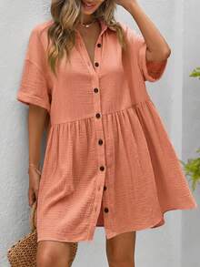 SHEIN VCAY Plus Size Shirt Collar Batwing Sleeve Patchwork Dress - Coral Pink - View 1