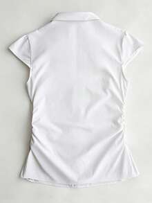SHEIN 新款蓝色V领褶皱短袖女式衬衫，夏季款 - 白色 - 查看 2
