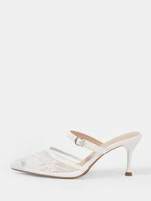CUCCOO HITCHD Scarpe da donna nuovi modelli primavera ed estate, sandali Mueller a punta con ricamo in rete, fibbia e tacco sottile, pantofole con tacco alto, stile retrò leggero e familiare, scarpe da pendolare per il lavoro, scarpe da appuntamento e banchetto, eleganti, sottili e versatili - Bianco - Visualizzare 2