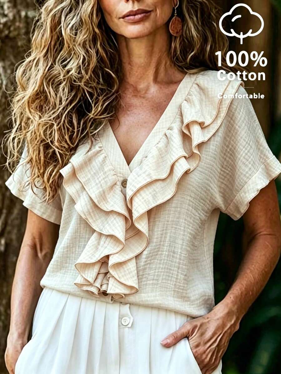 Zayélia Women's Summer Solid Color Versatile V-Neck Ruffle Design Short Sleeve Blouse - Apricot - View 1