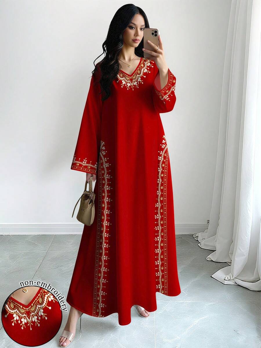 Al Najma 女款阿拉伯風情仿珍珠印花紅色洋裝,時尚V領長袖優雅阿拉伯風長版洋裝,春夏優雅長版洋裝 - 彩色 - 查看 1