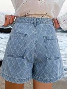 Livesso High Waist Light Blue Diamond Quilted Cotton Casual 70s 80s Loose Fit Women's Denim Shorts Vacation Summer - Blue - View 2