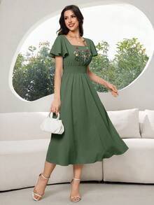 Modelyn Women's Floral Embroidery Ruffle Hem Short Sleeve Waist Tie Dress, Vacation Style,Summer Dresses For Women - Army Green - View 7