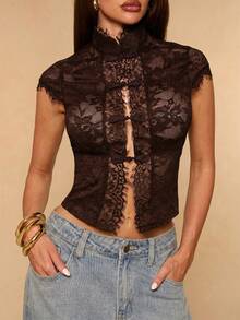 SHEIN BAE Spring/Summer Solid Black Lace Sexy Sheer Oriental Chinese Style Mandarin Collar Women's Top - Coffee Brown - View 7