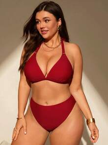 SHEIN Swim Curve 休閒度假大尺碼女款泳衣套裝 - 紅色 - 查看 5