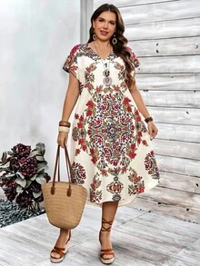 EMERY ROSE Plus Size Women Floral V-Neck Short Sleeve Elegant Boho Dress Summer Spring Clothing Country Style Vacation Beige - Multicolor - View 6